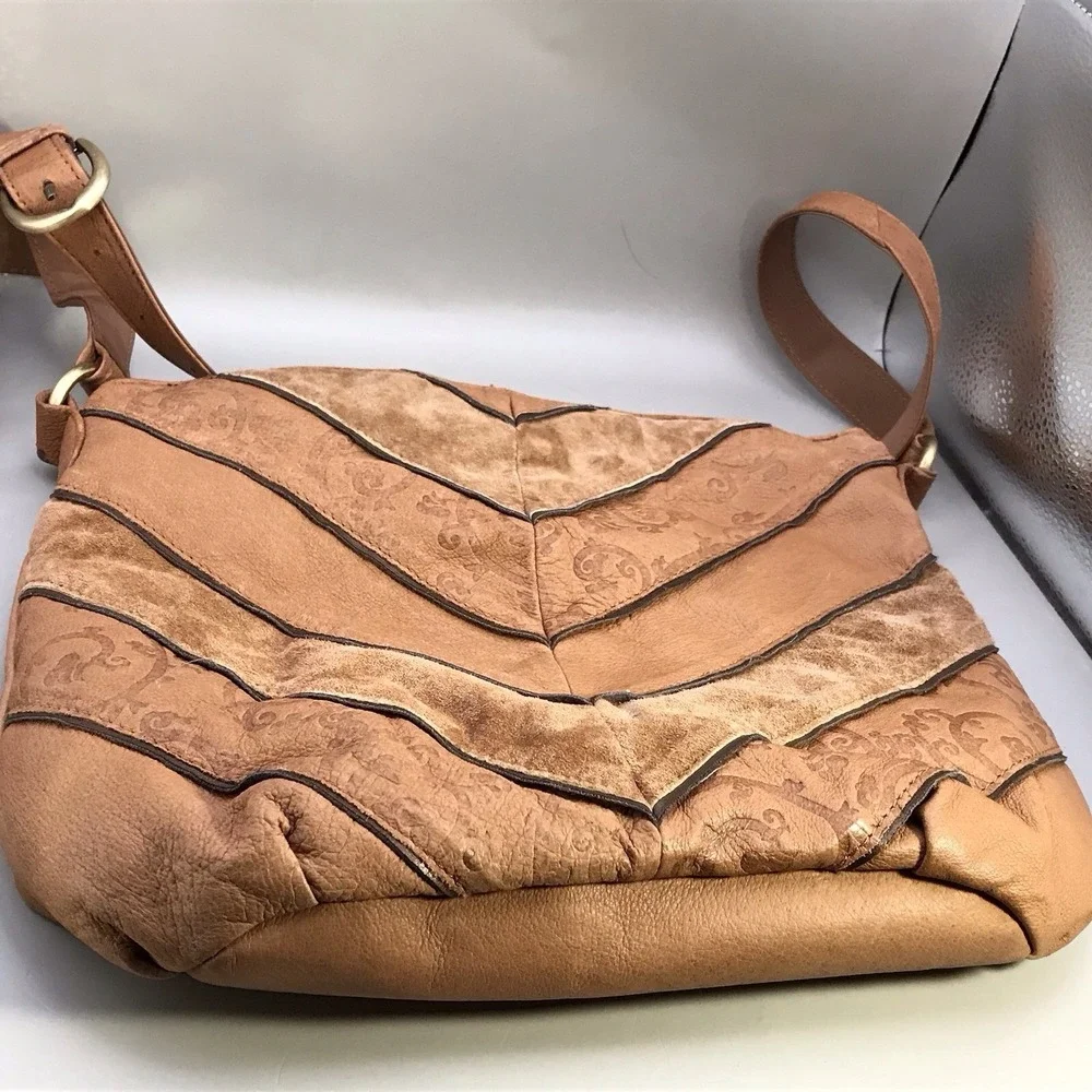 St Johns Bay Genuine Leather Shoulder Strap Hobo Bag Chevron Brown